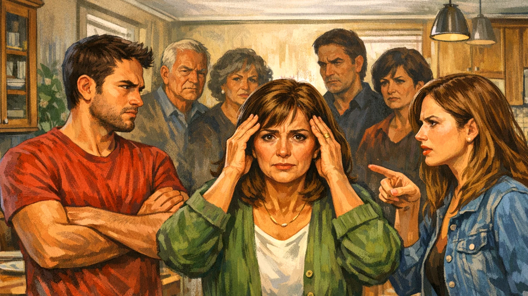 Una mamma si trova in difficoltà nella gestione del rapporto con i propri figli giovani adulti a causa di tensioni e interferenze continue da parte della famiglia allargata (suoceri, cognati o ex partner) che criticano le sue scelte educative, creano confusione nei ragazzi con messaggi contraddittori e minano la sua autorità genitoriale."