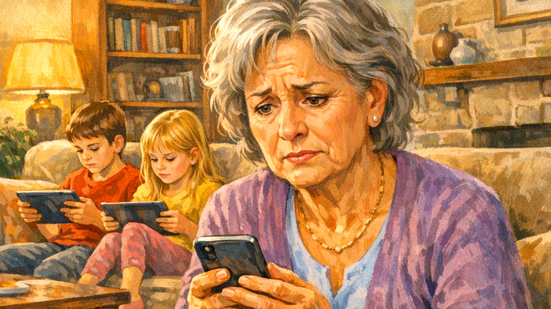 Nonna preoccupata per l'uso scorretto e rischioso dei social media da parte dei nipoti bambini: condivisione di informazioni personali, contatto con sconosciuti e contenuti inappropriati per l'età"