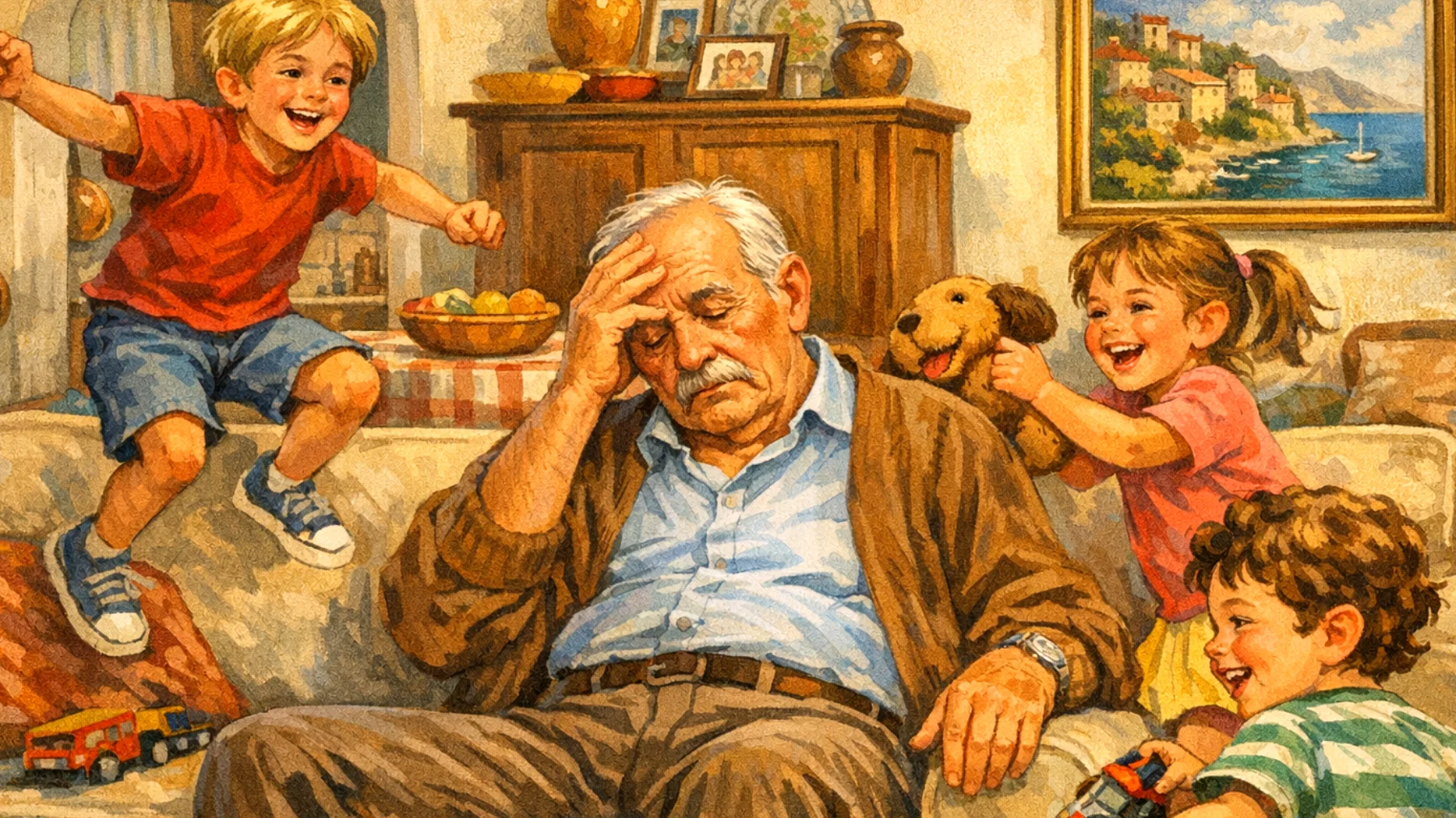 Il nonno si sente costantemente stanco e privo di energie quando si occupa dei nipoti bambini, faticando a stargli dietro nelle attività quotidiane e nei giochi, con conseguente senso di inadeguatezza e preoccupazione di non essere all'altezza del ruolo."
