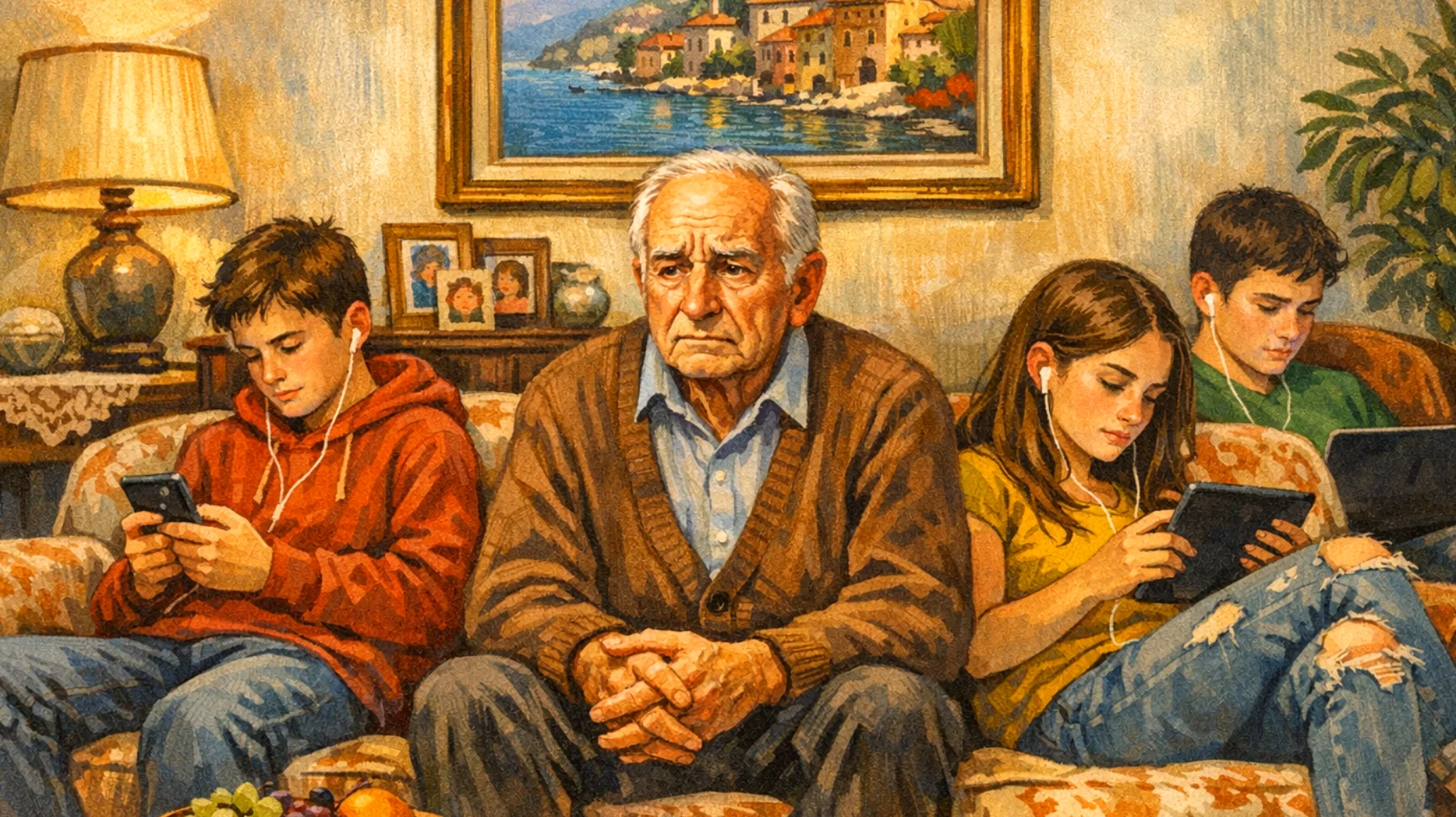 Il nonno si trova in difficoltà nel gestire il rapporto con i nipoti adolescenti che trascorrono la maggior parte del tempo libero davanti agli schermi (smartphone, videogiochi, TV) durante le visite, creando distanza emotiva e rendendo difficile la comunicazione e la condivisione di momenti significativi insieme."